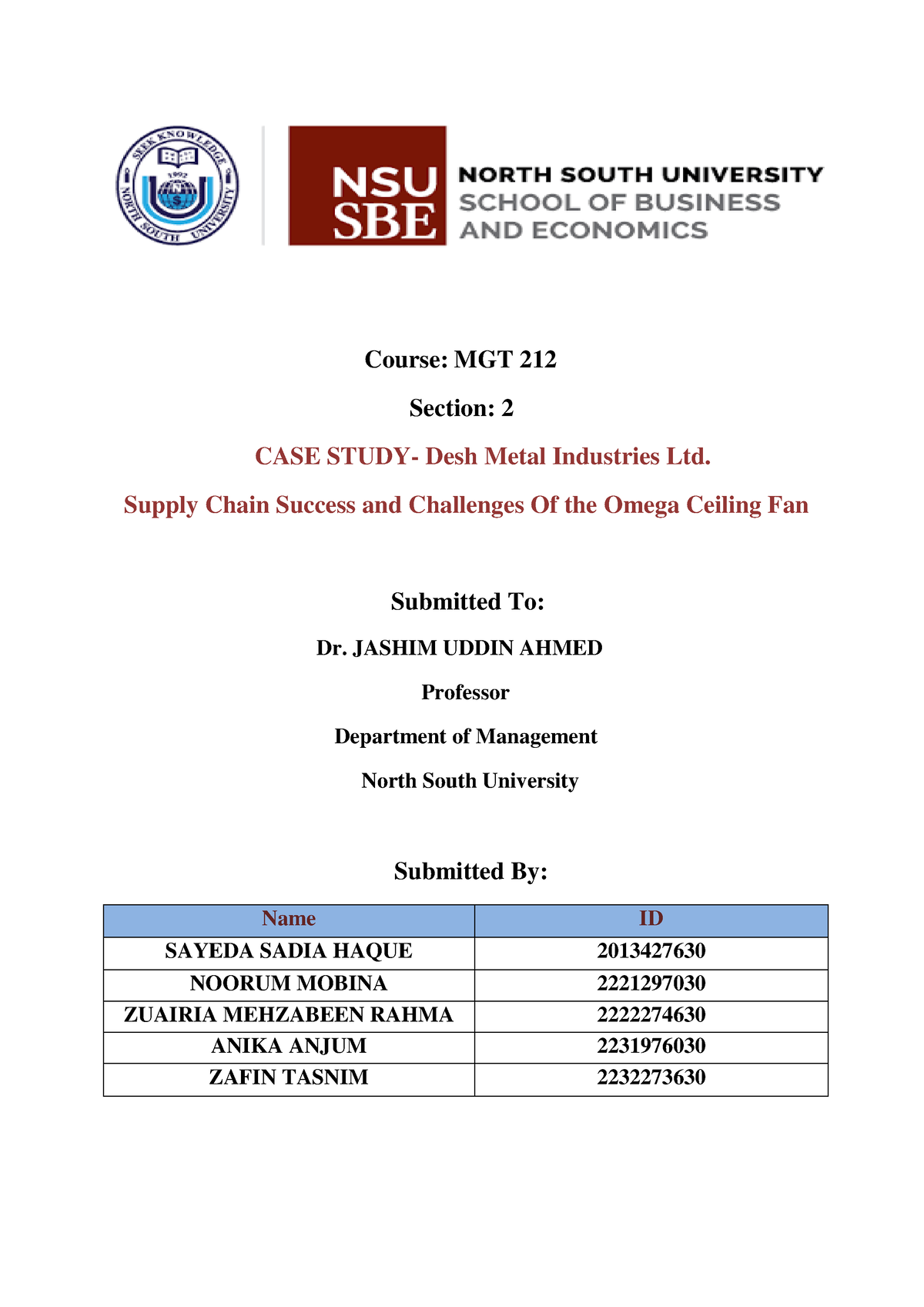 MGT-212 - Case Study - Course: MGT 212 Section: 2 CASE STUDY- Desh ...