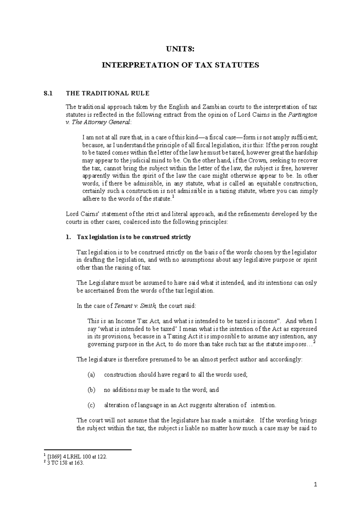 Interpretation UNIT notes UNIT 8 INTERPRETATION OF TAX STATUTES 8