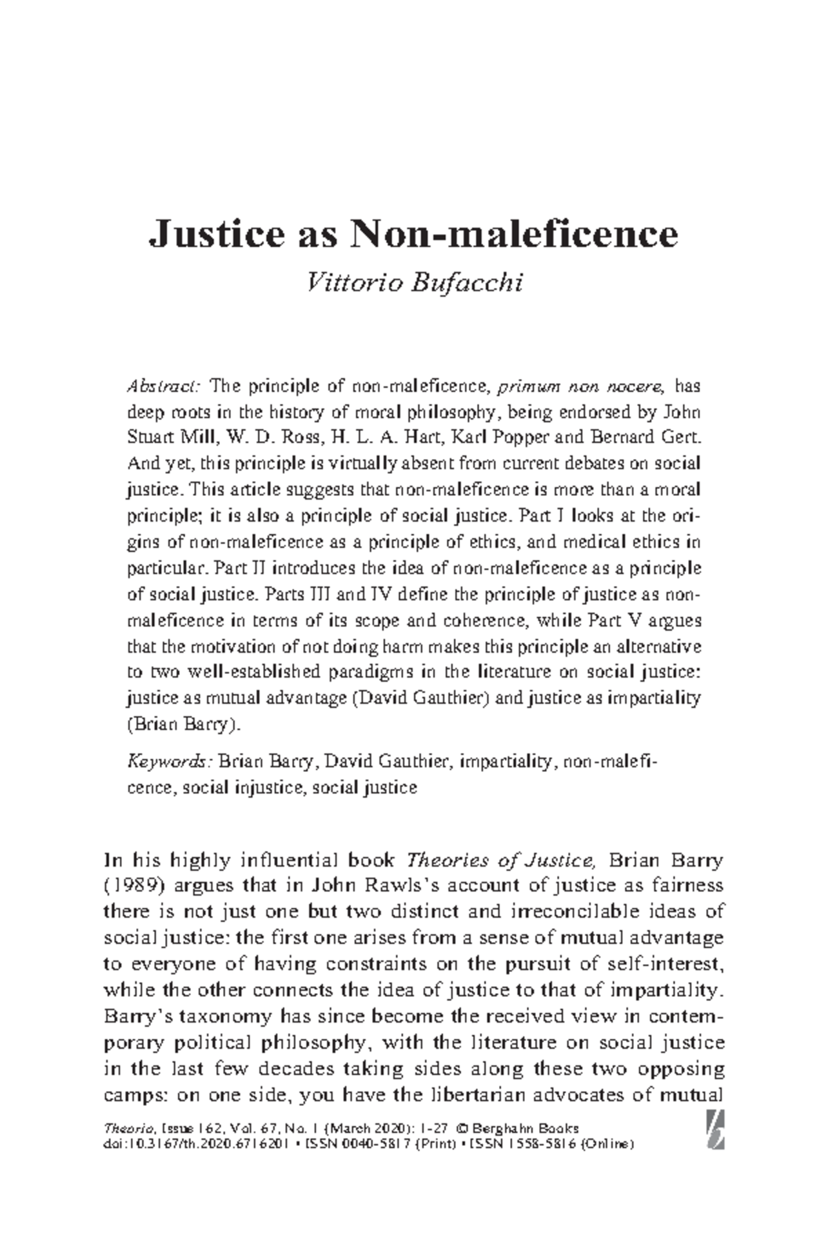 Justice as nonmaleficence Theoria, Issue 162, Vol. 67, No. 1 (March