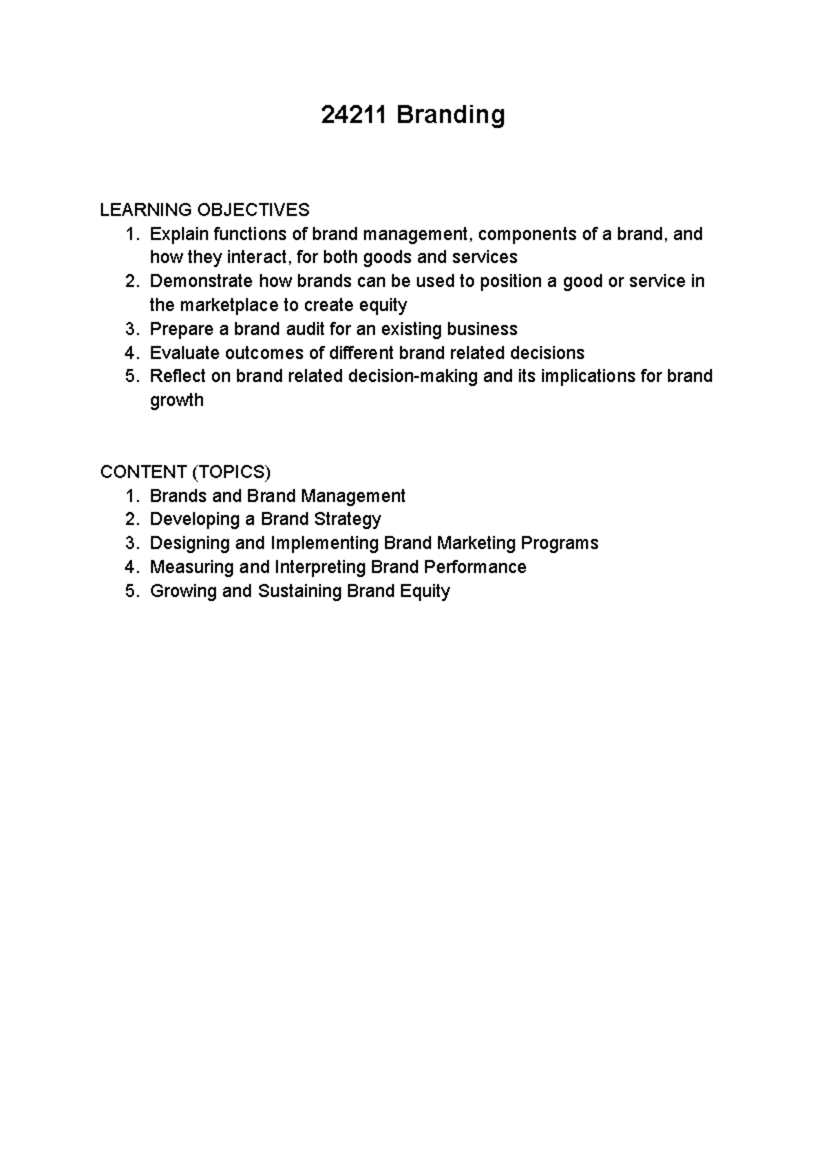 24211 Branding - lecture notes - 24211 Branding LEARNING OBJECTIVES 1 ...