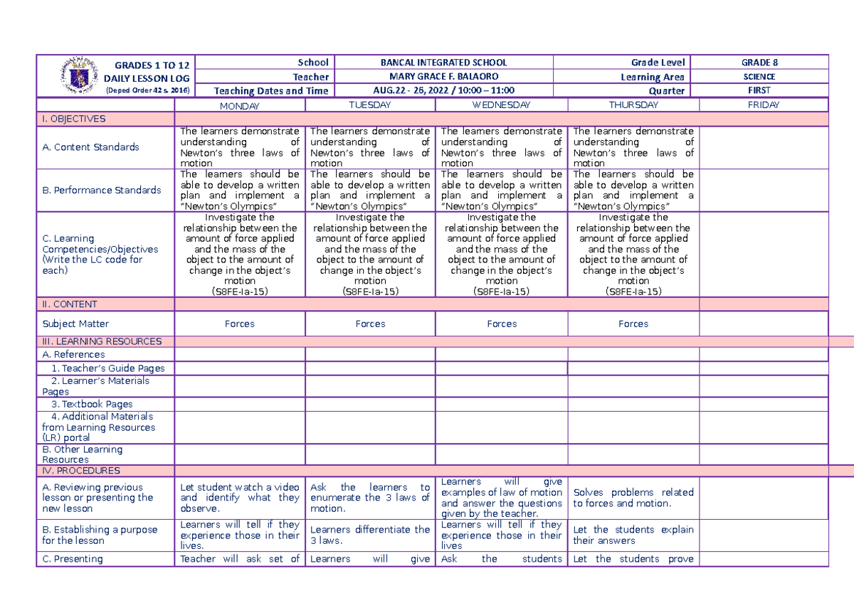Week 1 - thank u - GRADES 1 TO 12 DAILY LESSON LOG (Deped Order 42 s ...
