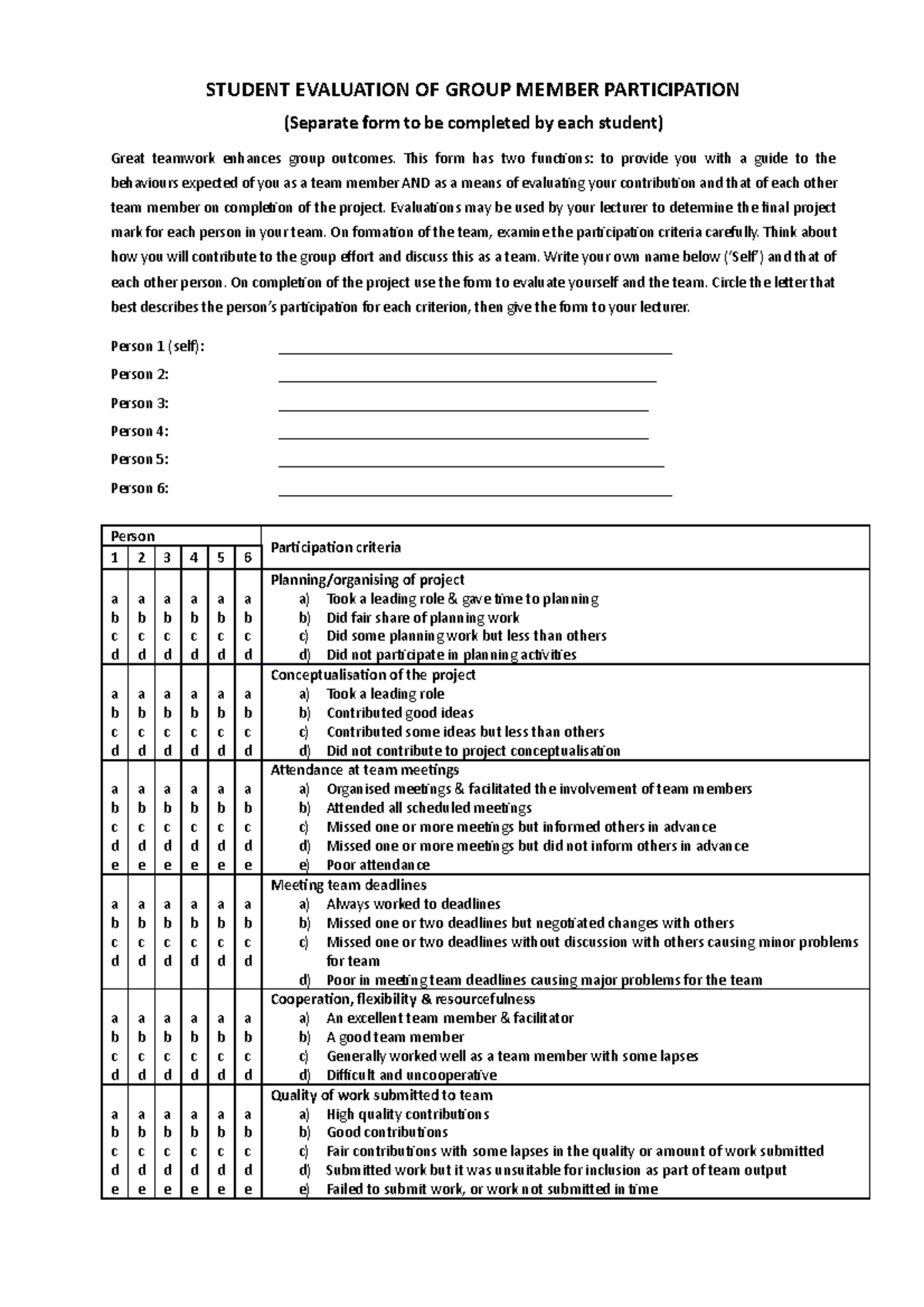 Peer Evaluation Form - STUDENT EVALUATION OF GROUP MEMBER PARTICIPATION ...