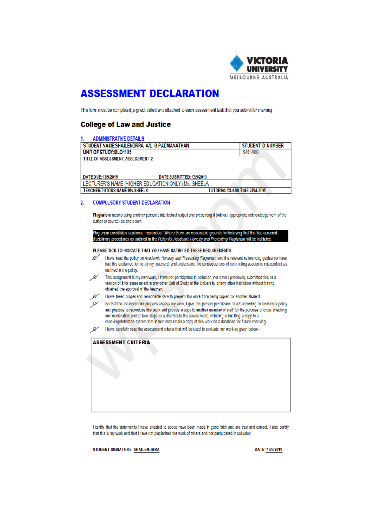 Business Law Assignment - Victoria University Business Law BLO1105 ...