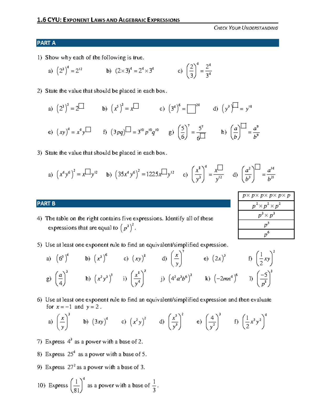 2.4 - HW Exponent Laws and Algebraic Expressions - 1 CYU: EXPONENT LAWS ...