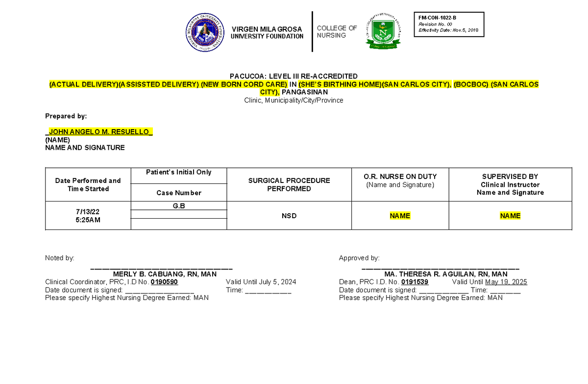 Format For Case Slip - Nursing - Virgen Milagrosa University Foundation 