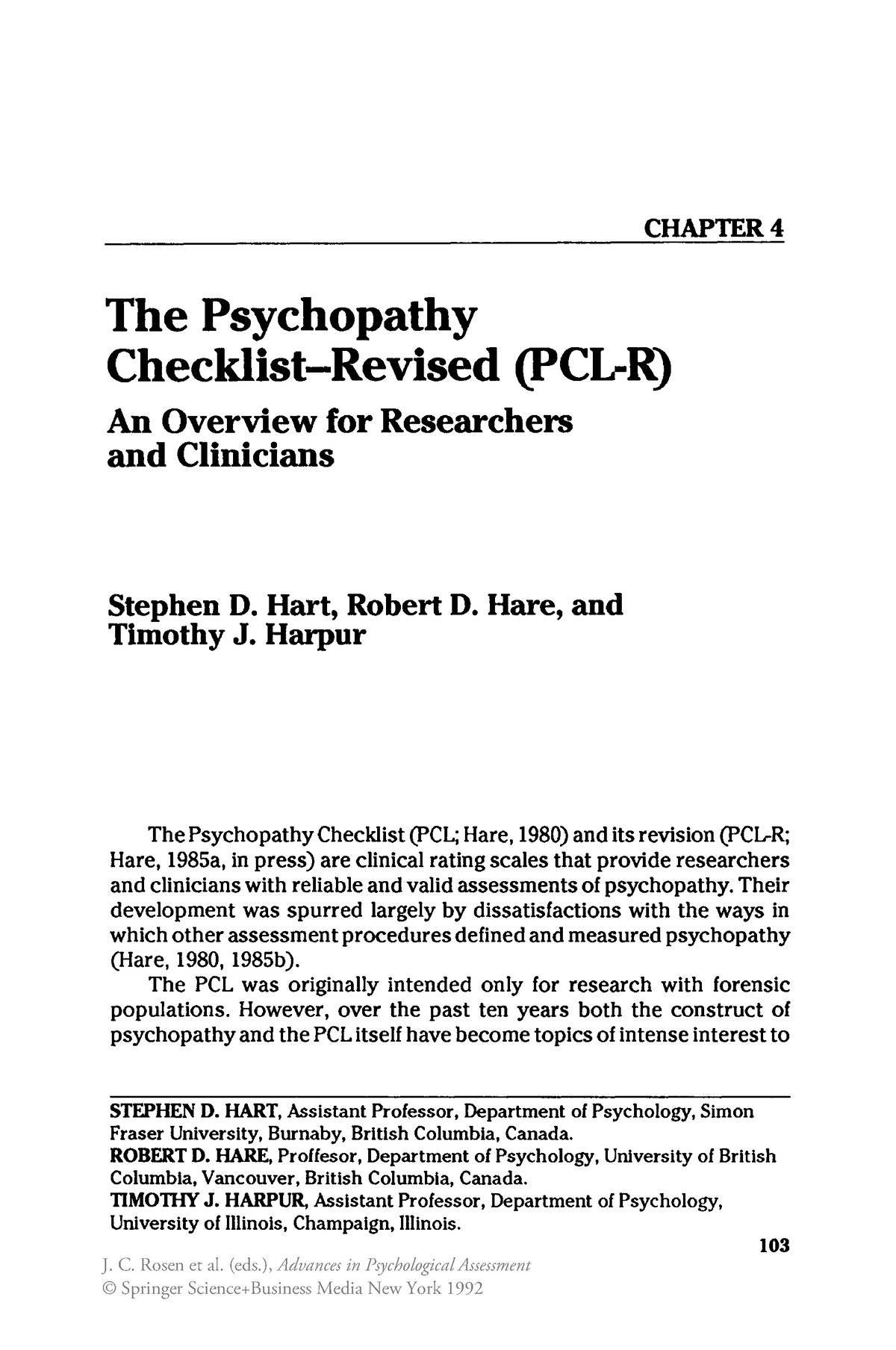 The Psychopathy Checklist-Revised (PCL-R) An Overview For Researchers ...