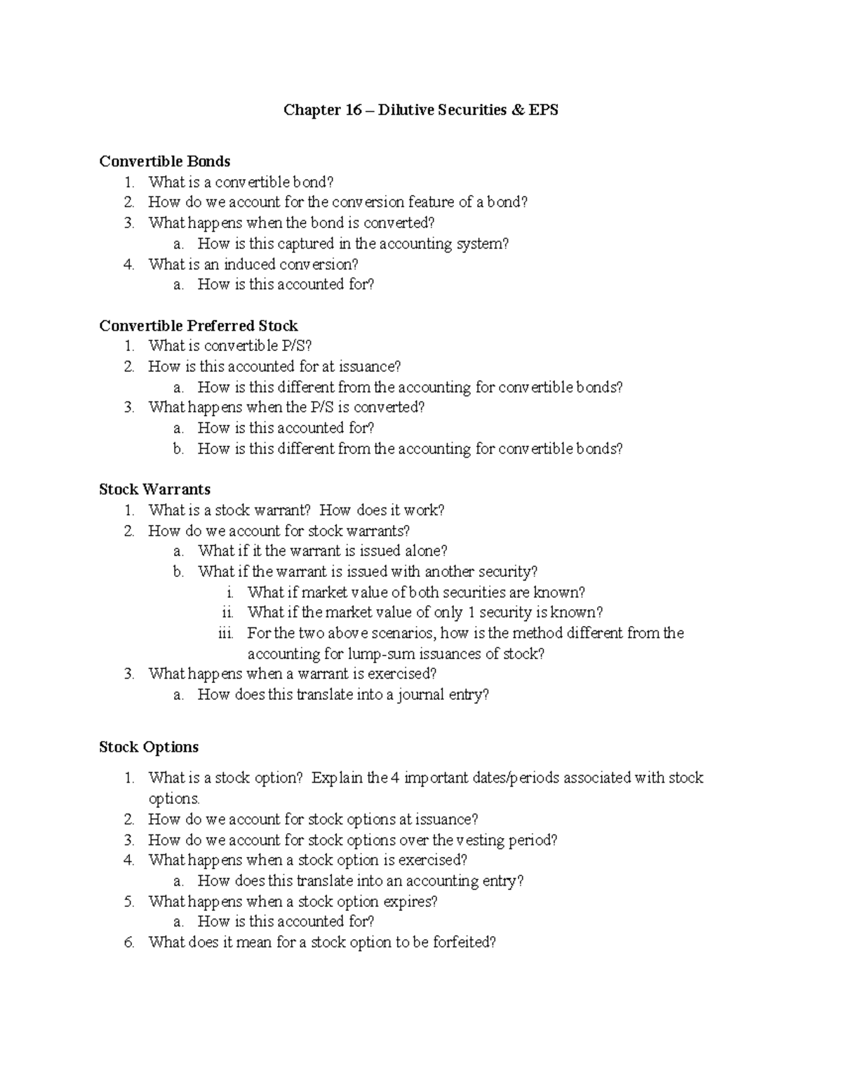 Important Concepts for Exam 2 - Chapter 16 – Dilutive Securities & EPS ...