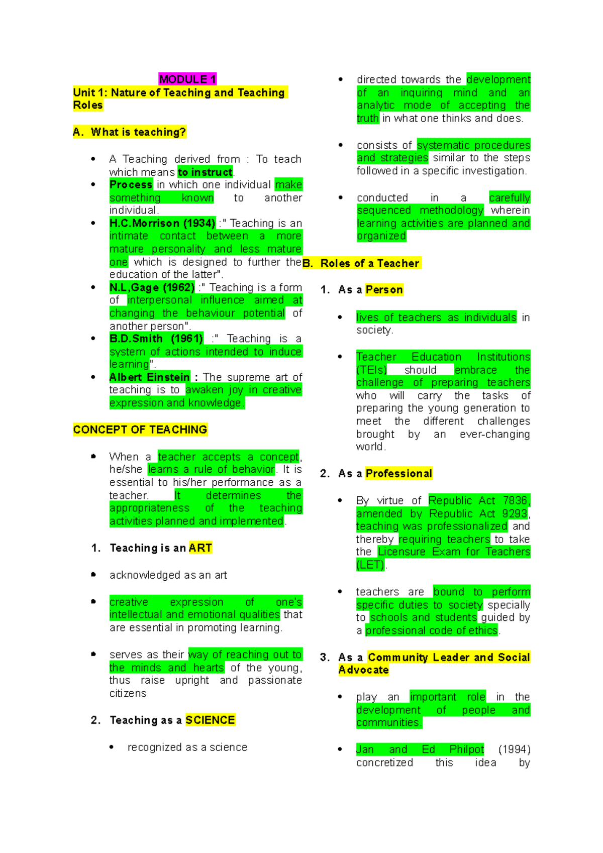 TTP reviewer - MODULE 1 Unit 1: Nature of Teaching and Teaching Roles A ...