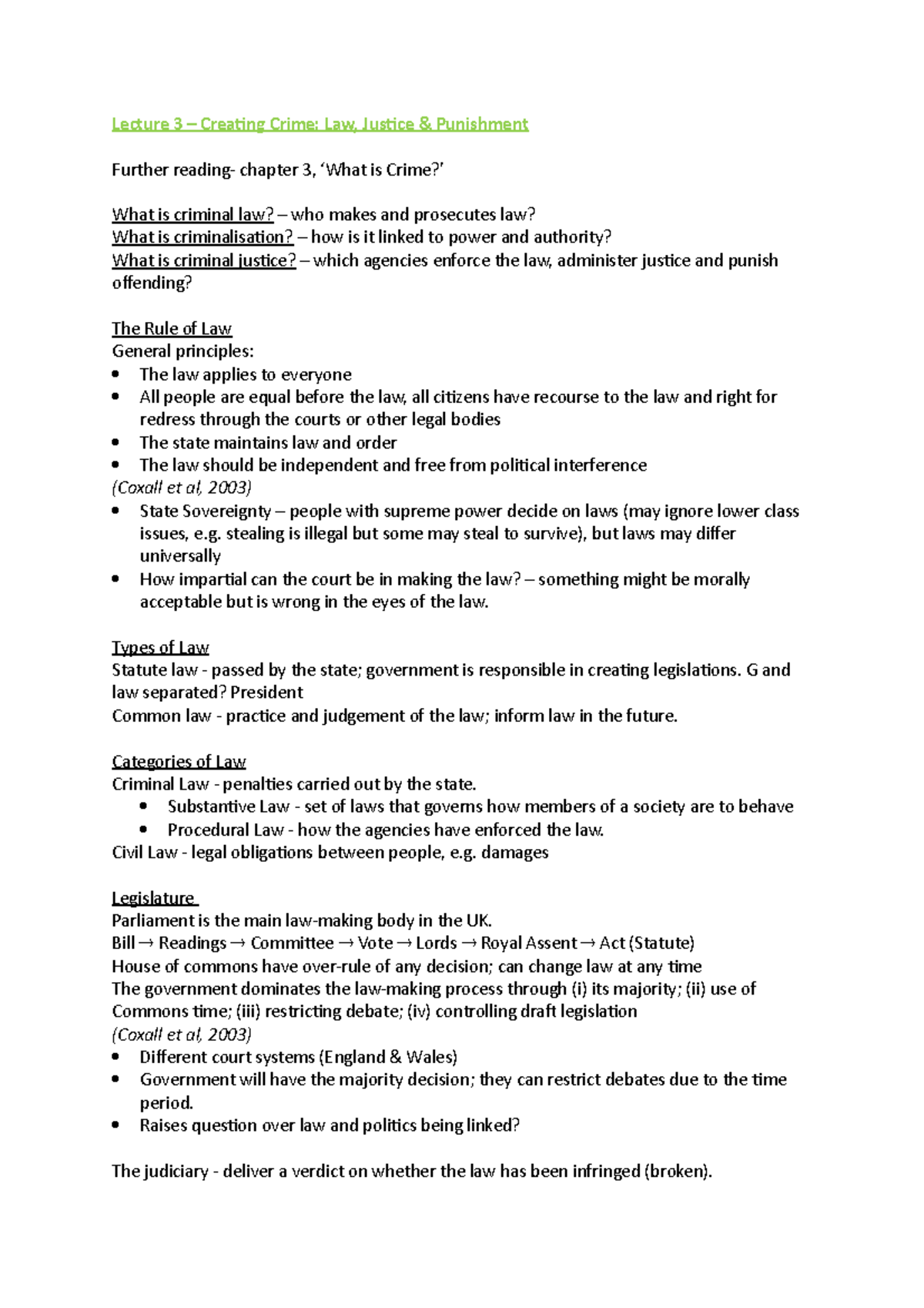 Lecture 3 - Creating Crime- Law, Justice and Punishment - Lecture 3 ...