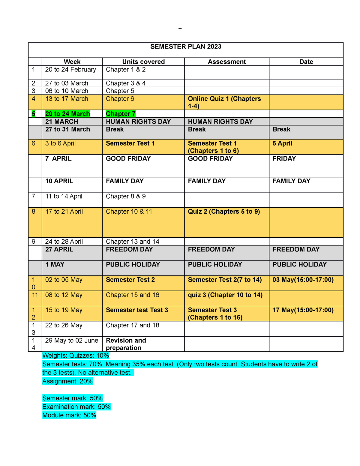 EBUS2715 2023 workprogram - SEMESTER PLAN 2023 Week Units covered ...