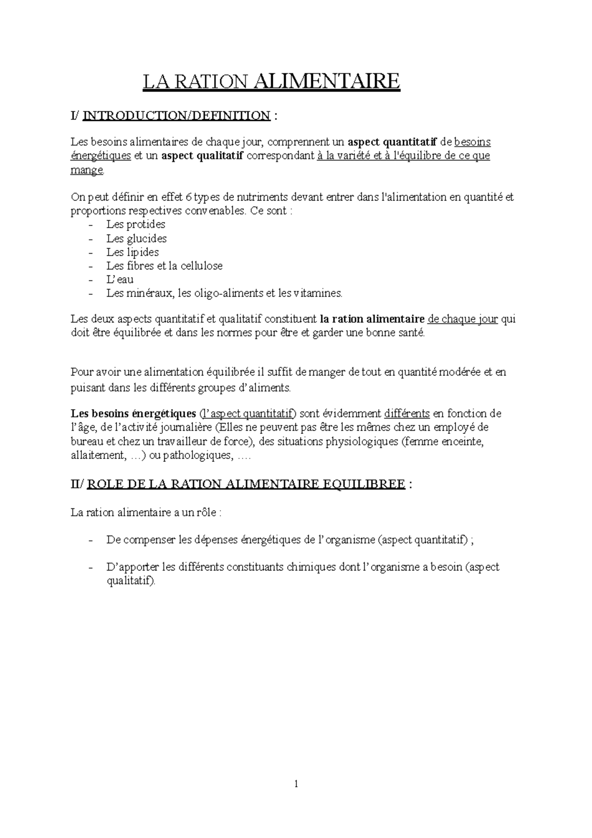 10-La ration alimentaire - 1 LA RATION ALIMENTAIRE I/ INTRODUCTION ...