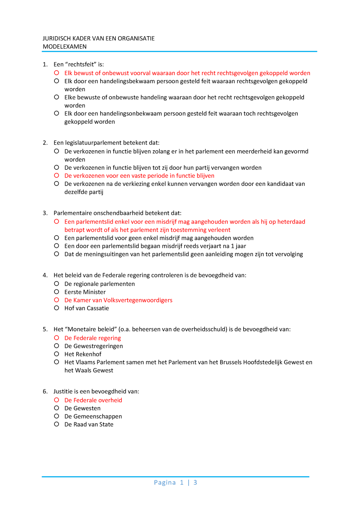 Modelexamen Met Oplossingen - Pagina 1 | 3 JURIDISCH KADER VAN EEN ...