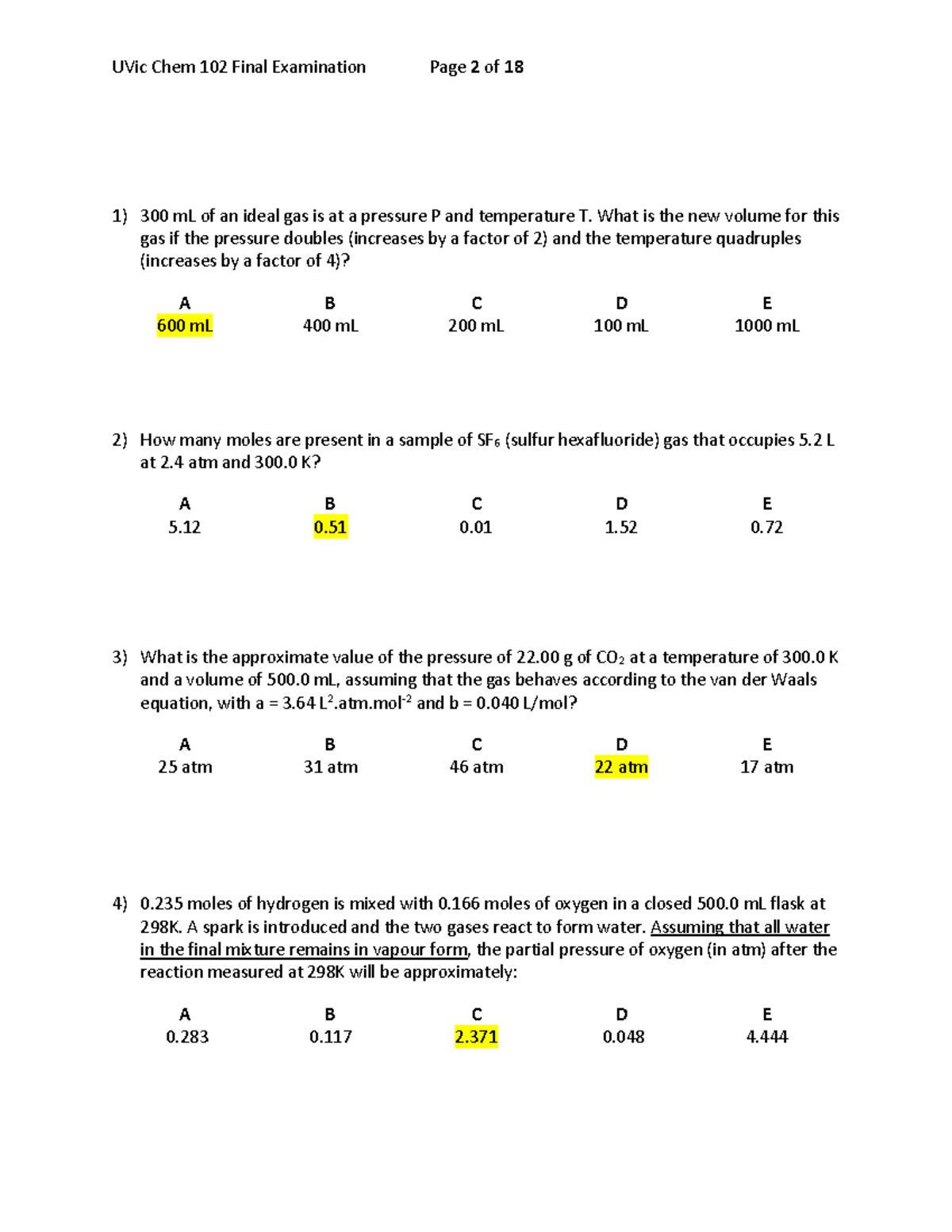 Chem102 Sample Final Exam With Answers 300 Ml Of An Ideal Gas Is At A