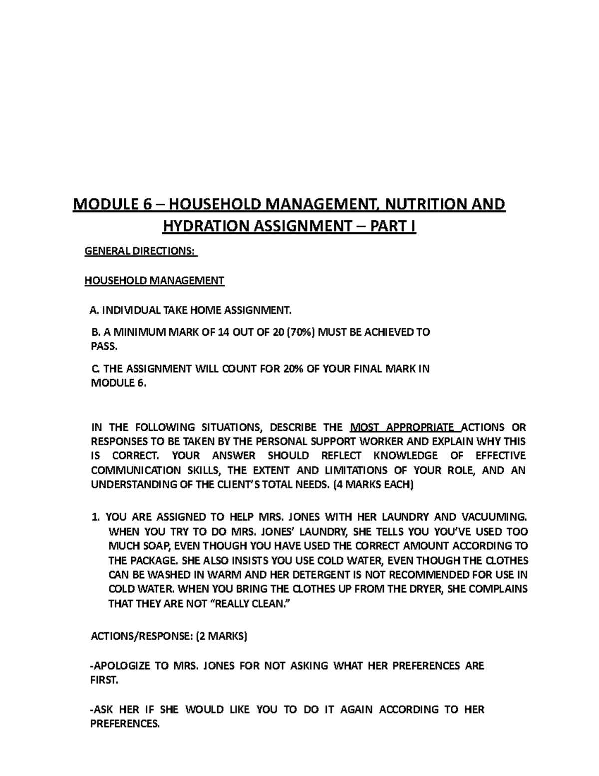 PART 1 Assignment Module 6 - MODULE 6 – HOUSEHOLD MANAGEMENT, NUTRITION ...