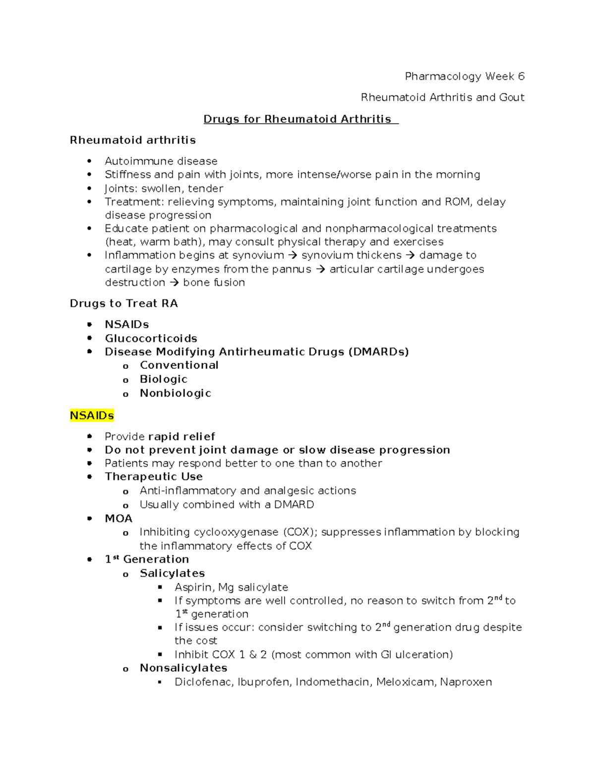 Pharmacology Week 6 RA & Gout - Pharmacology Week 6 Rheumatoid ...