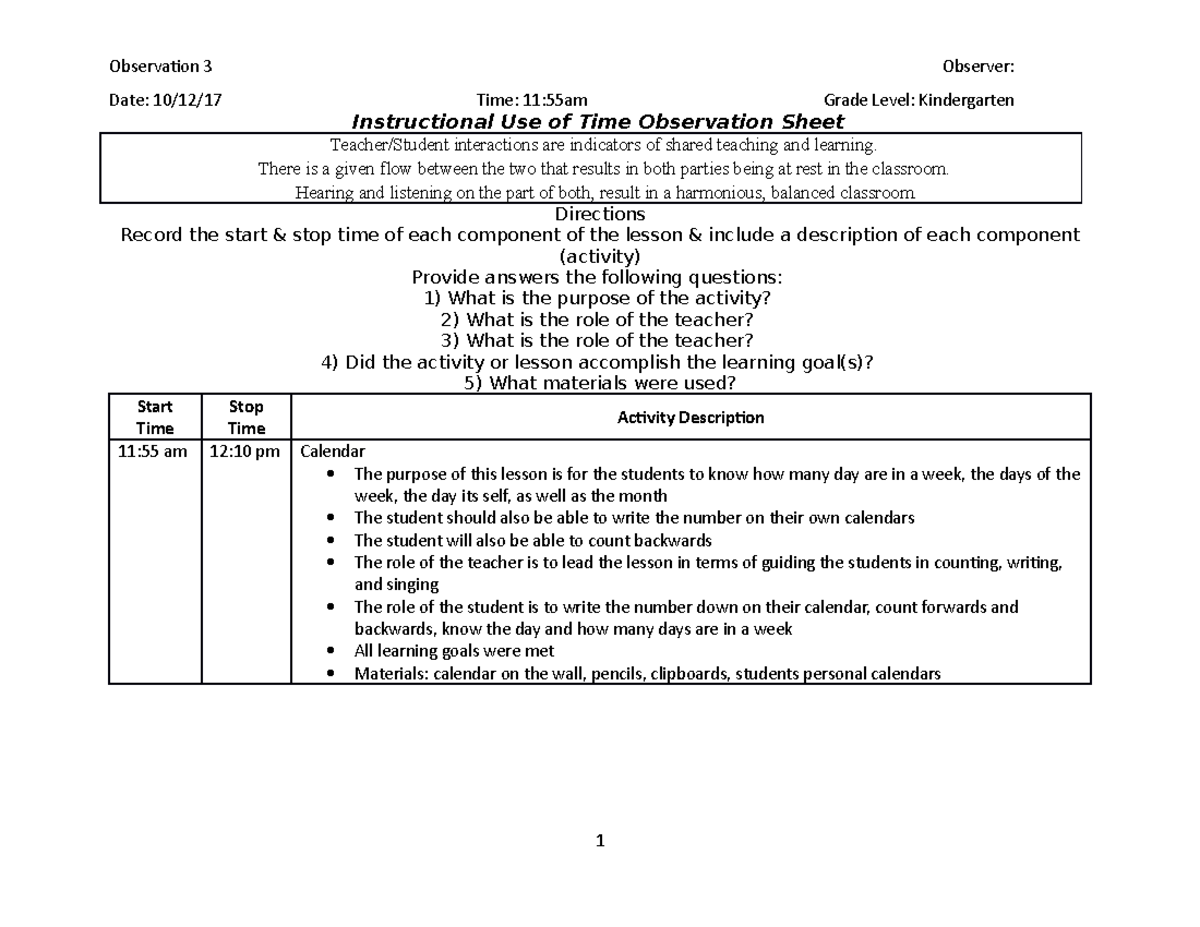 Observation 3 Instructional Use of Time Observation Sheet Observation