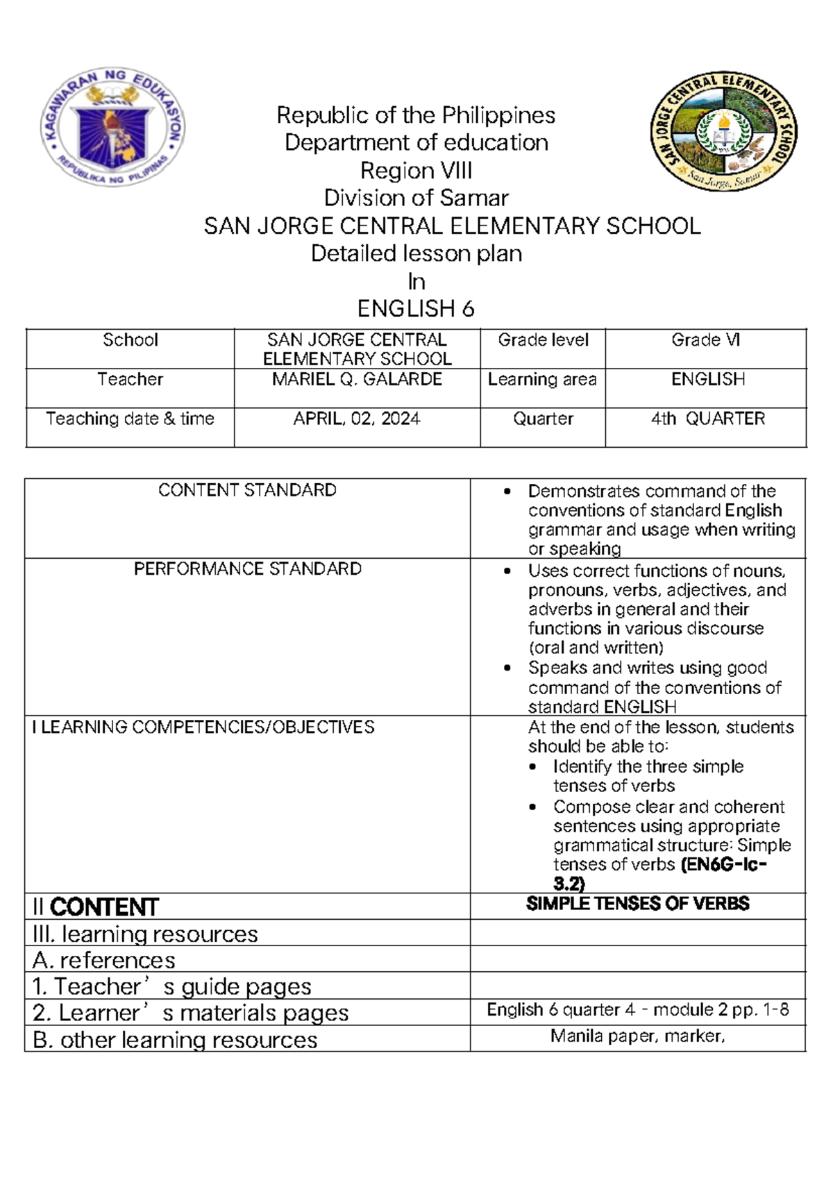 English-6-lp-week-1-1 - Republic of the Philippines Department of ...