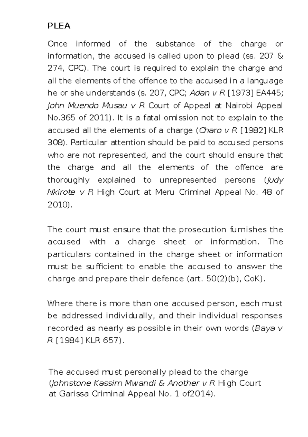Plea - Good - PLEA Once informed of the substance of the charge or ...