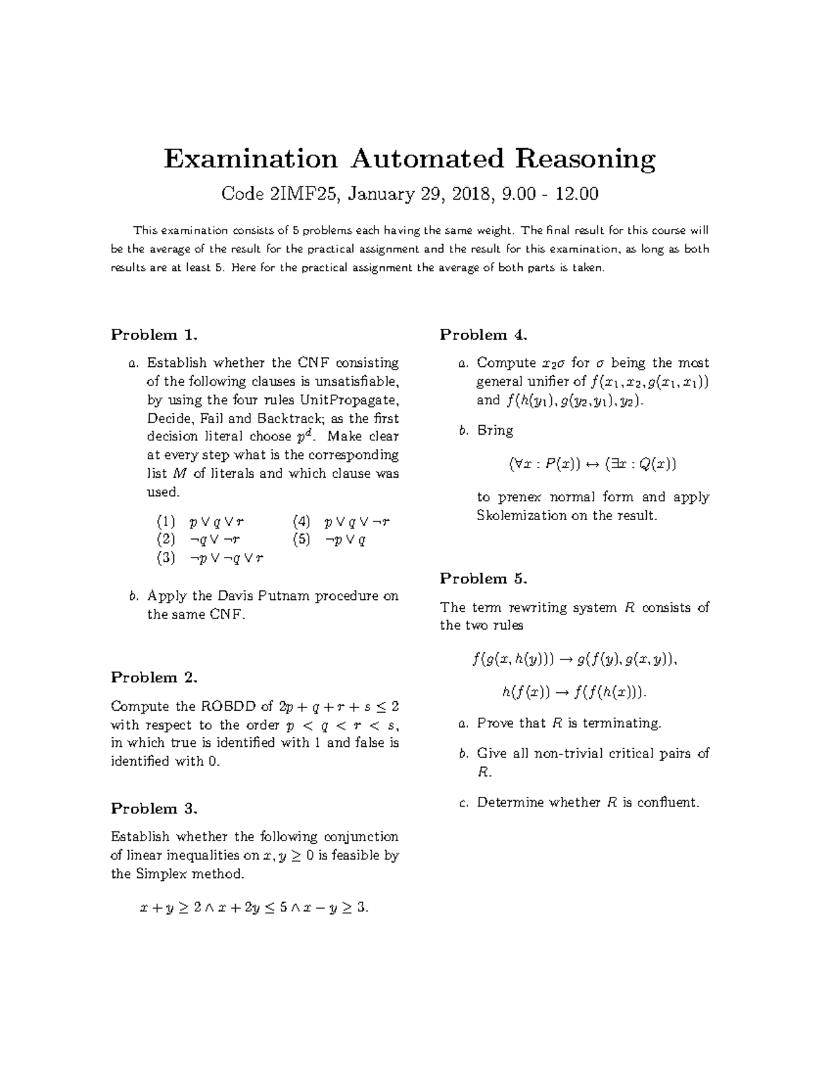 Exam2018 Examen Examination Automated Reasoning Code 2IMF25