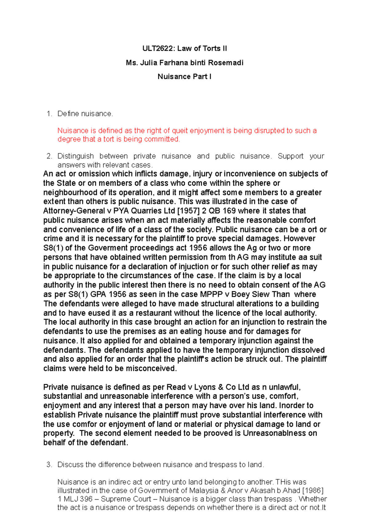 Tutorial ULT2622 2120 (Nuisance Part I) - ULT2622: Law of Torts II Ms ...