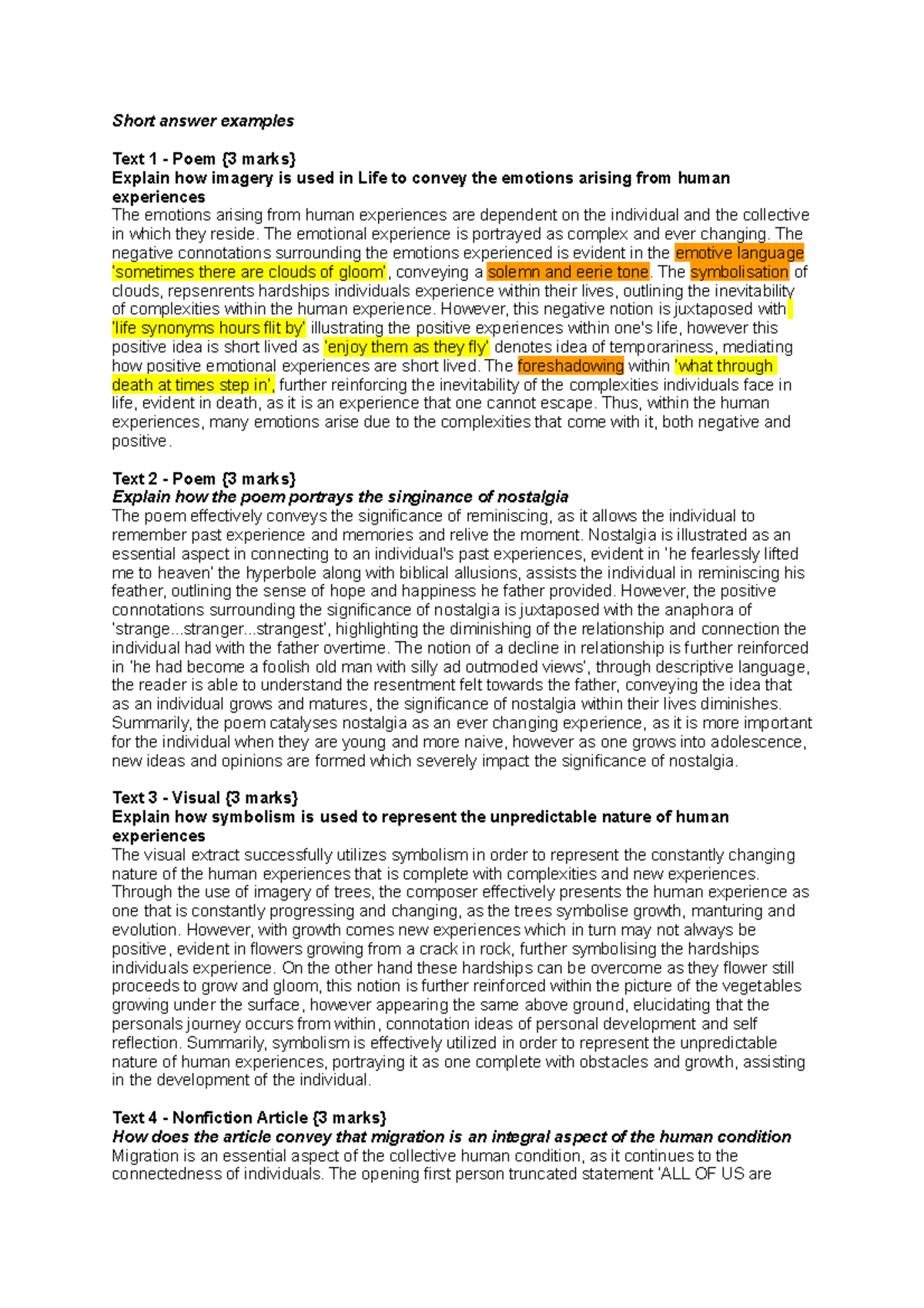 Short answer examples Short answer examples Text 1 Poem {3 marks