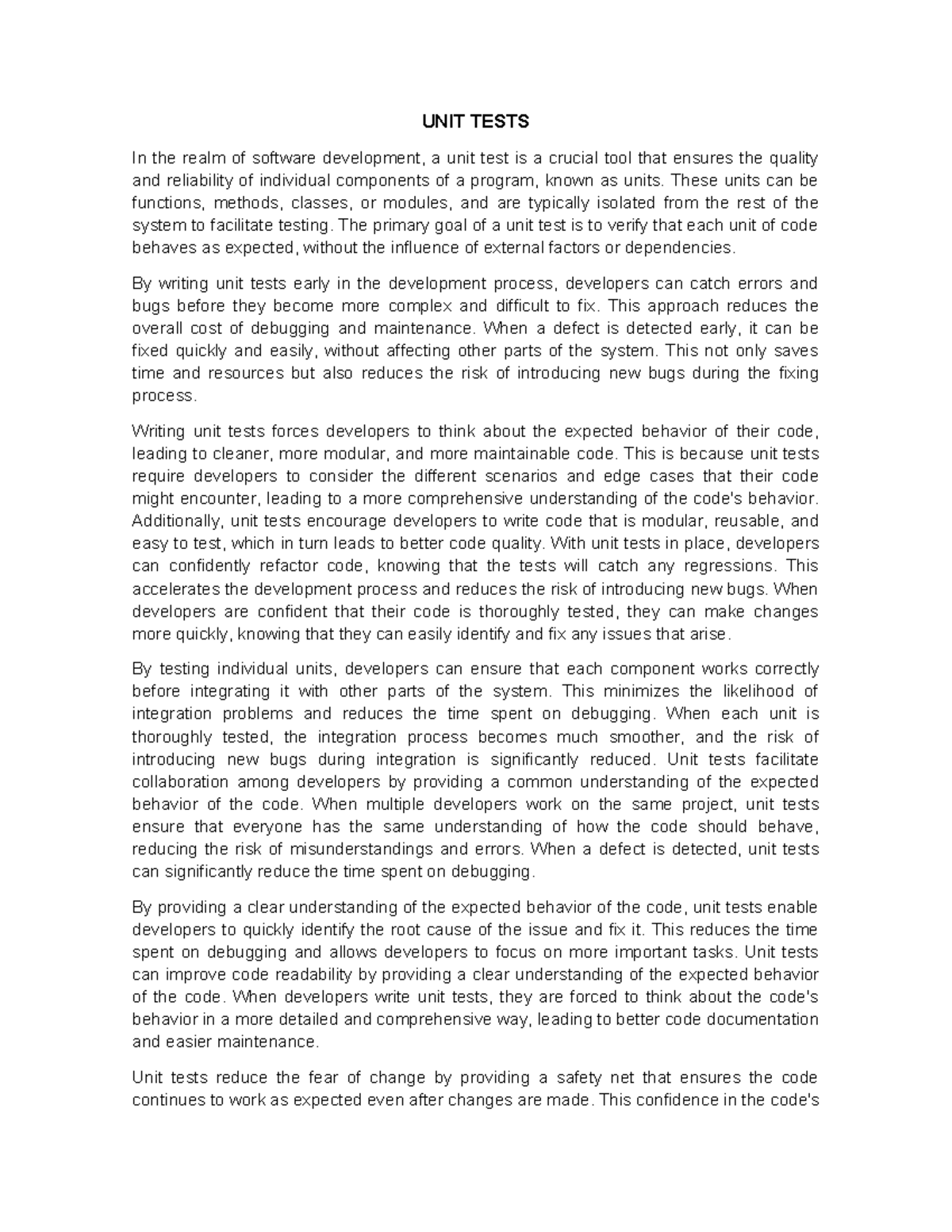 Essay - asgfdfgdfg - UNIT TESTS In the realm of software development, a ...