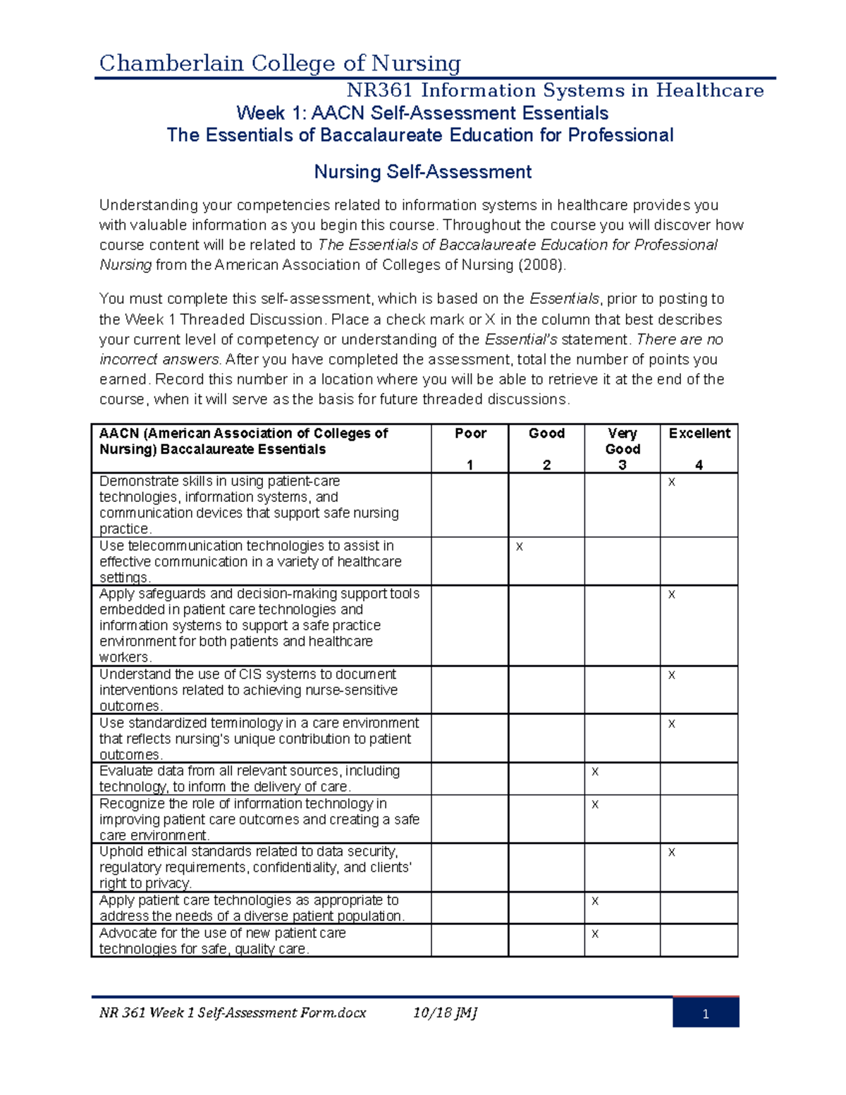 Essentials Self Assessment week 1 - Chamberlain College of Nursing ...