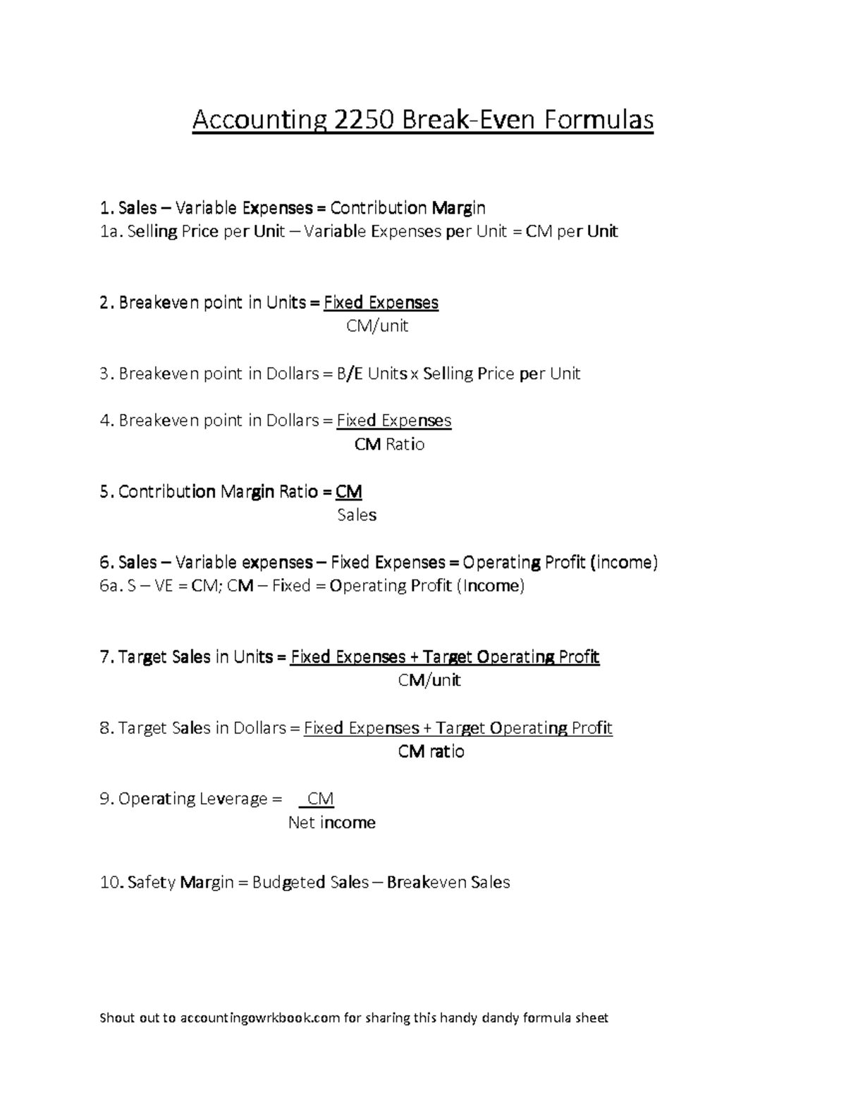 Accounting 2250 CVP Formula sheet - Shout out to accountingowrkbook for ...
