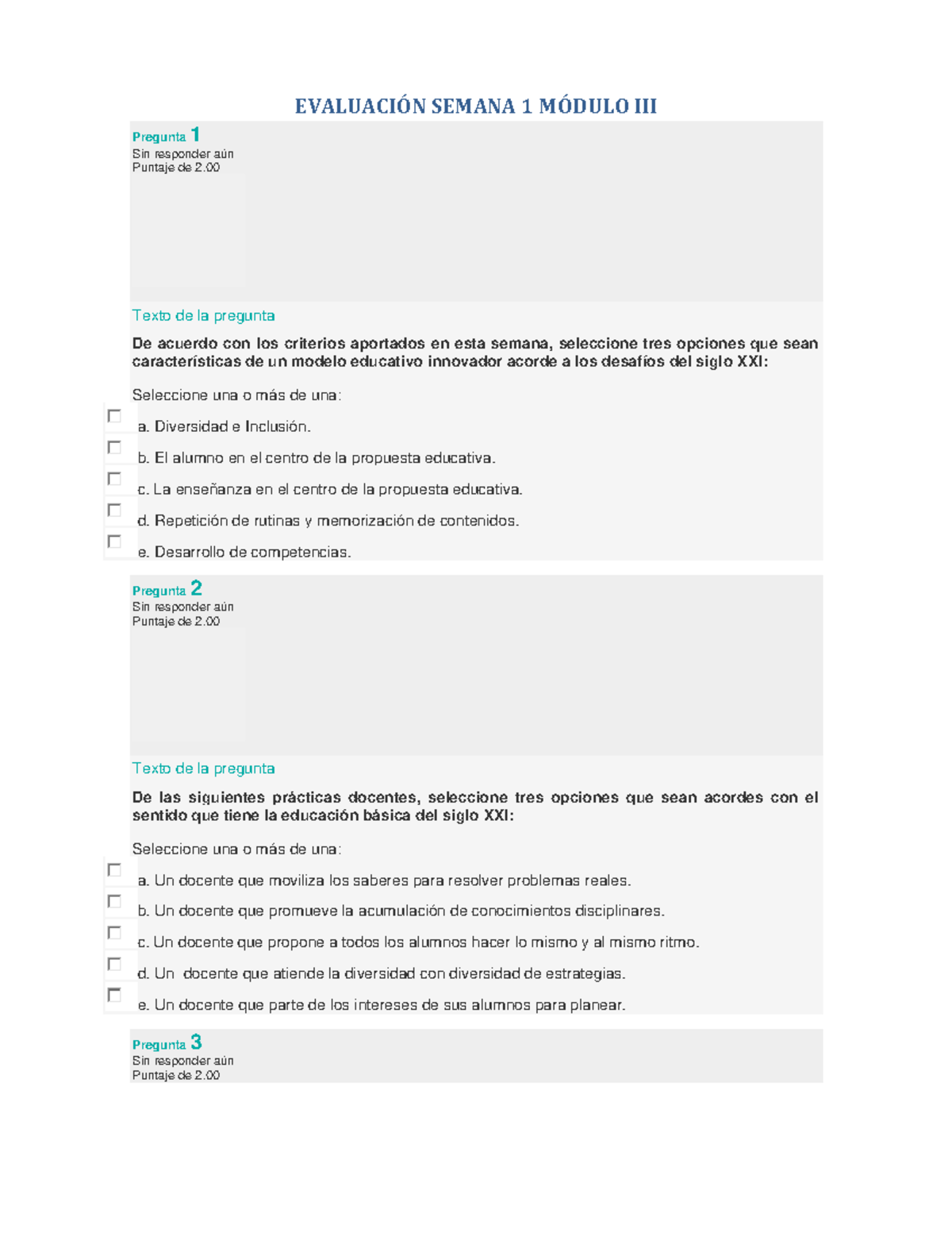 Evaluación Semana 1 Módulo III - EVALUACIÓN SEMANA 1 MÓDULO III ...