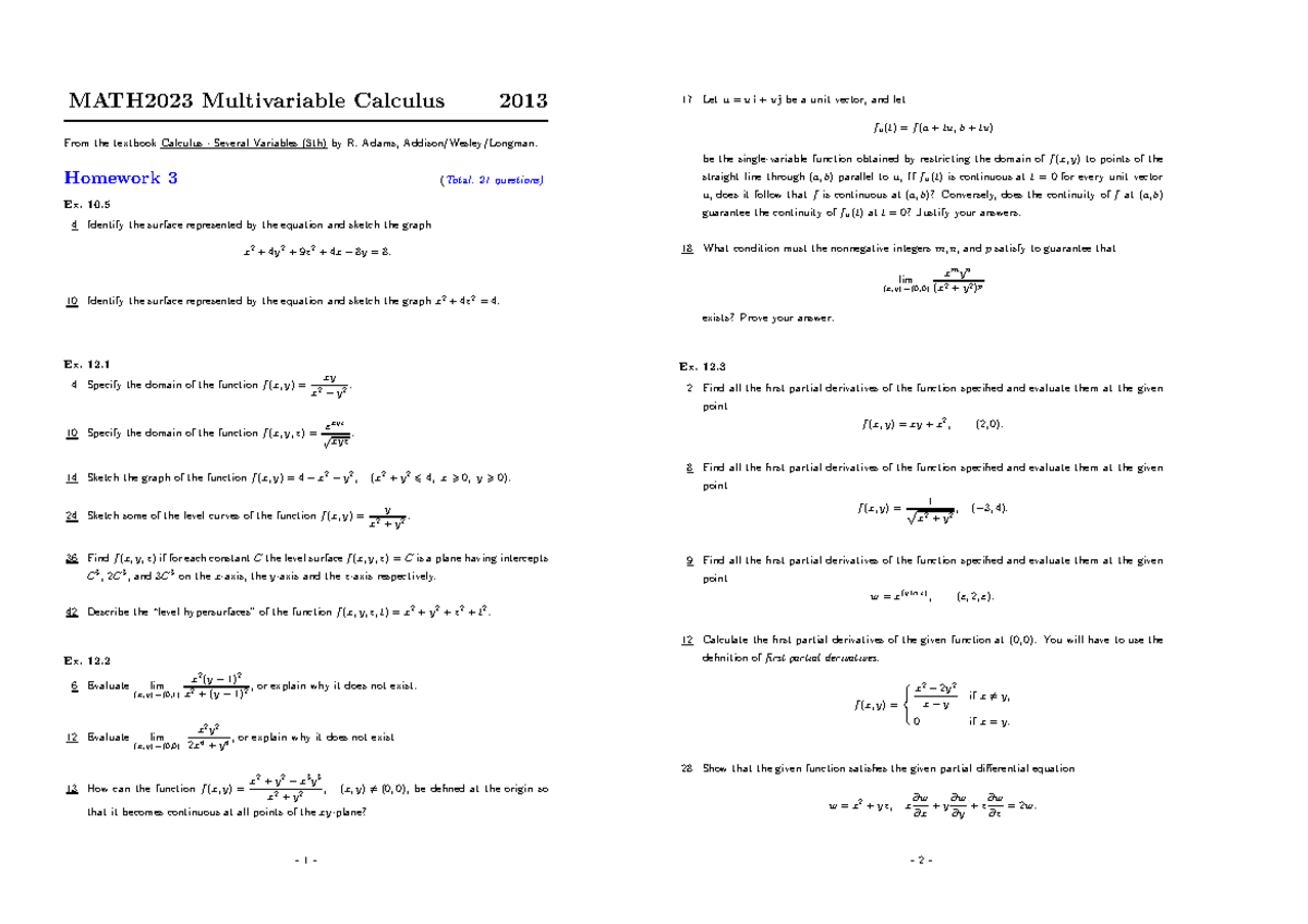 Hw3-5 - haha - MATH2023 Multivariable Calculus 2013 From the textbook ...