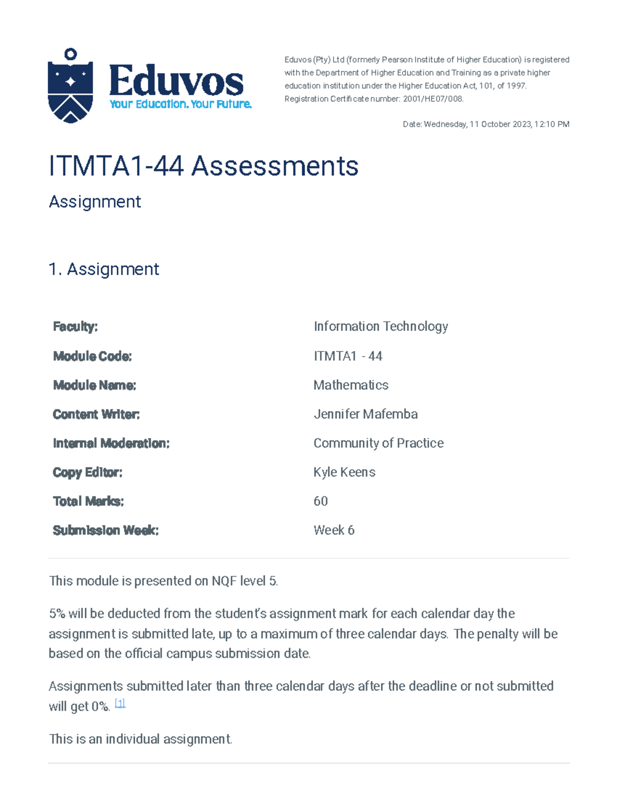 Assignment - Eduvos (Pty) Ltd (formerly Pearson Institute of Higher ...