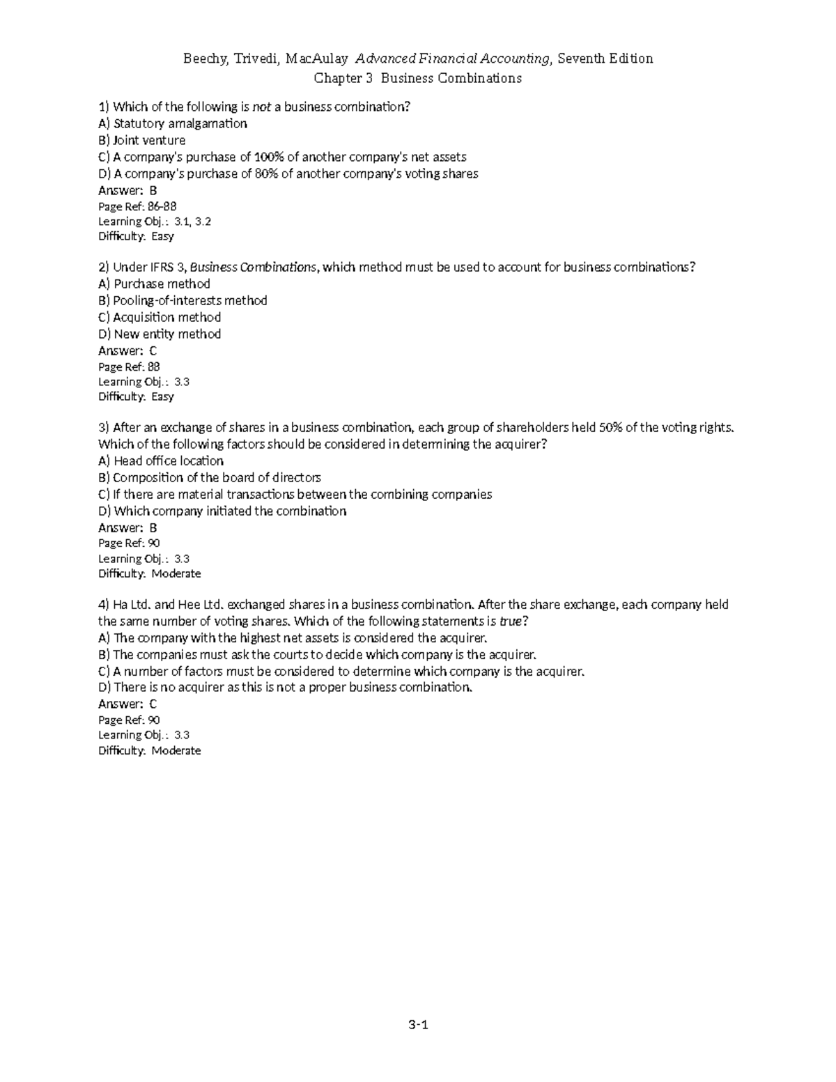 Beechy 7e tif ch03 answer keys Chapter 3 Business Combinations