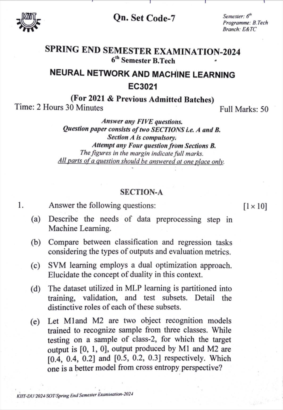 Ml end sem paper - Qn. Set Semester: 6th Programme: B. Tech Branch ...