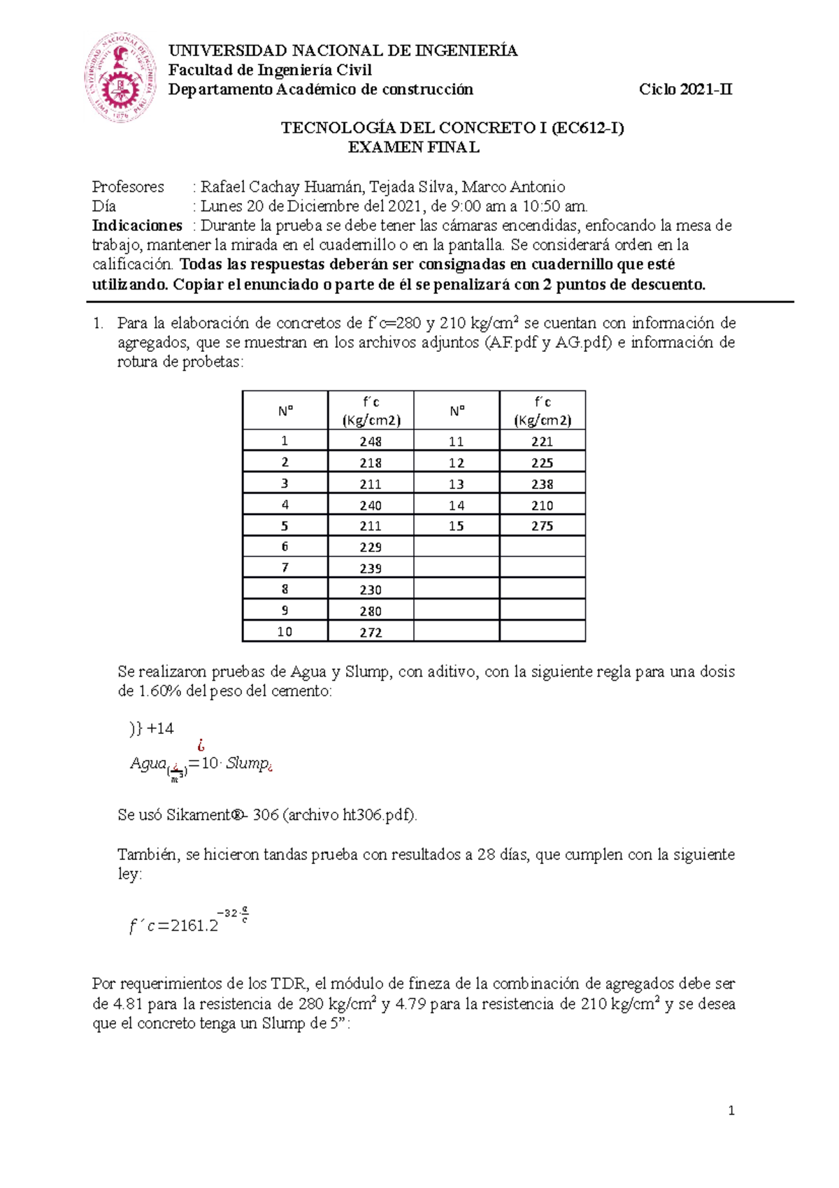 Examen Final EC 612 I 2021 II Tecnologia Del Concreto I Ingenieria 