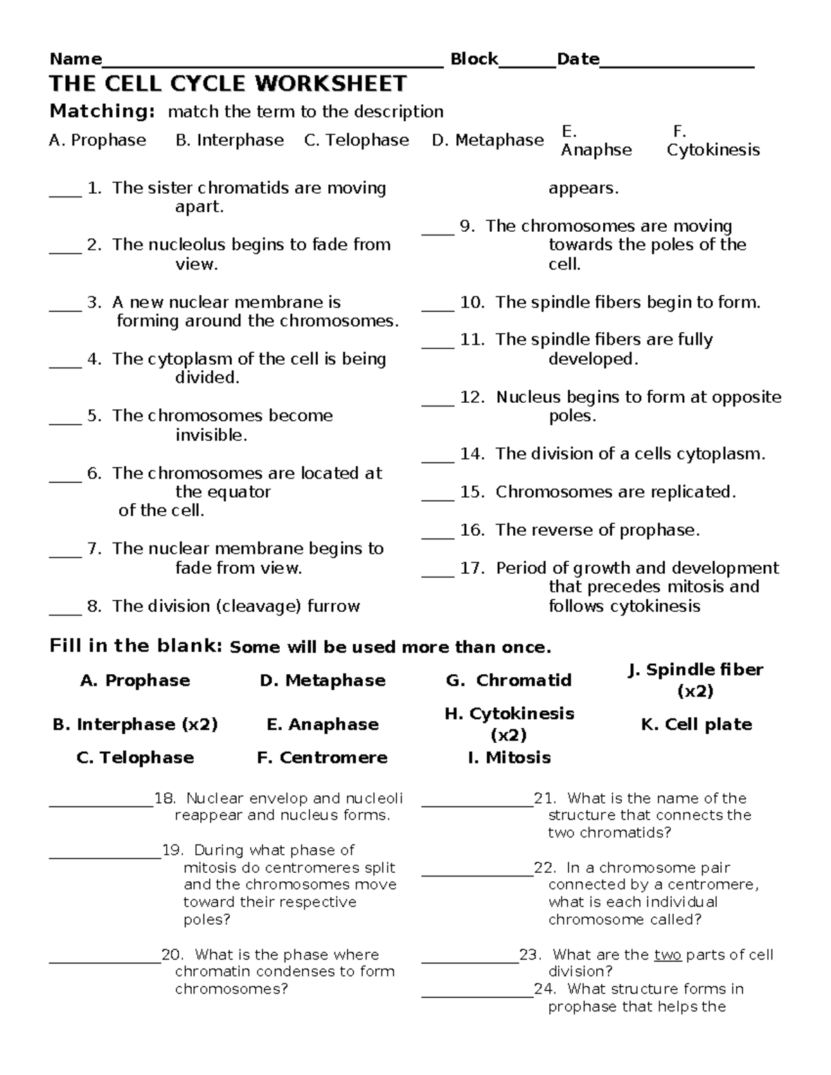 The Cell Cycle Worksheet-1 - Name ...