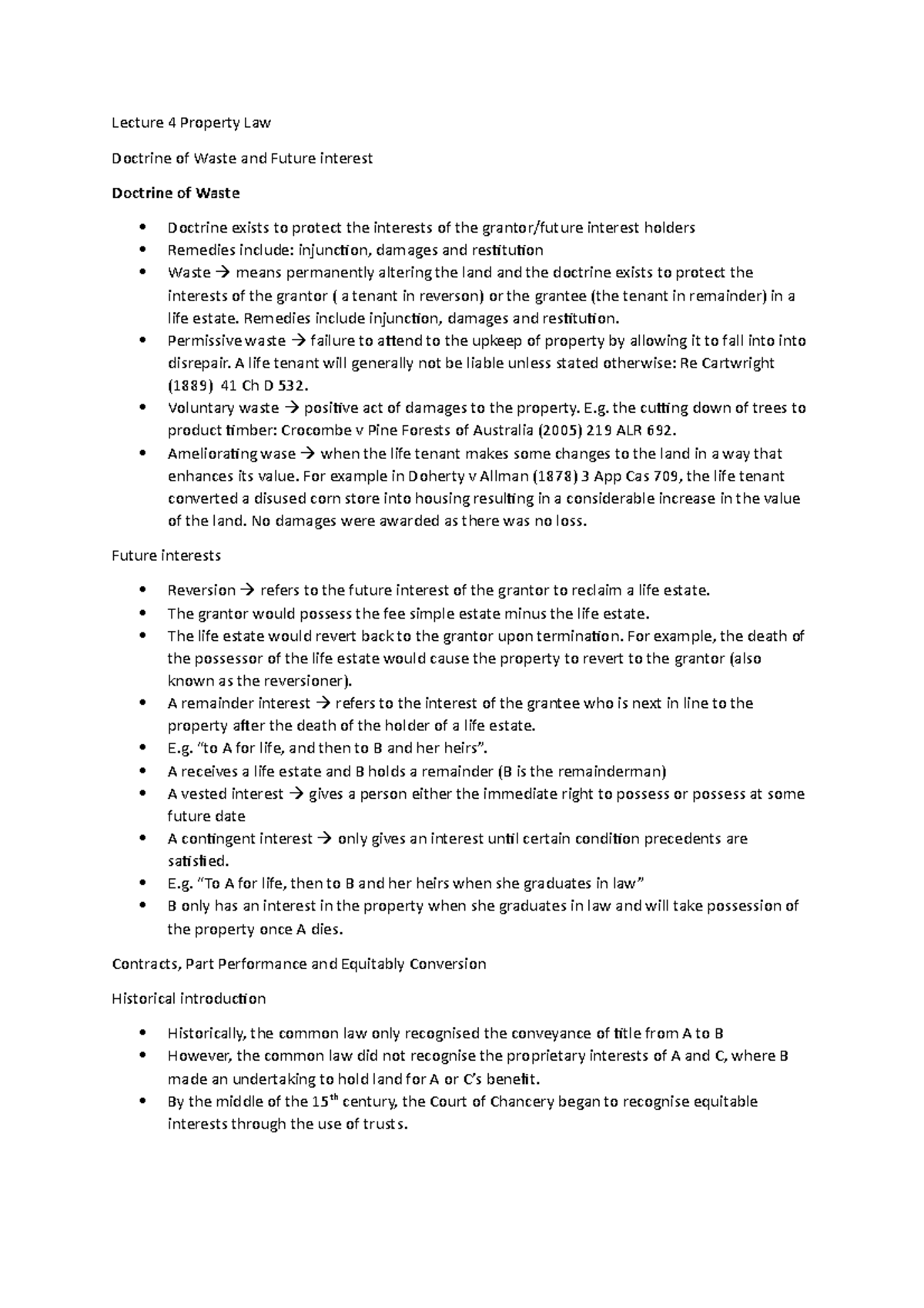 Lecture 4 Property Law Lecture 4 Property Law Doctrine of Waste and