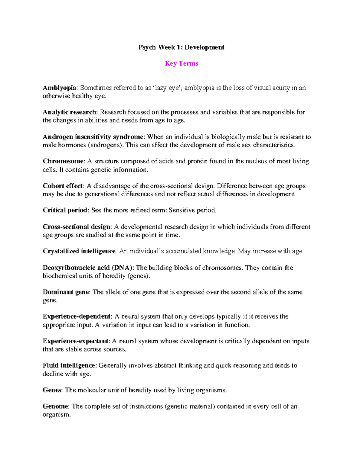 W1 Psych Development - Psych Week 1: Development Key Terms Amblyopia ...