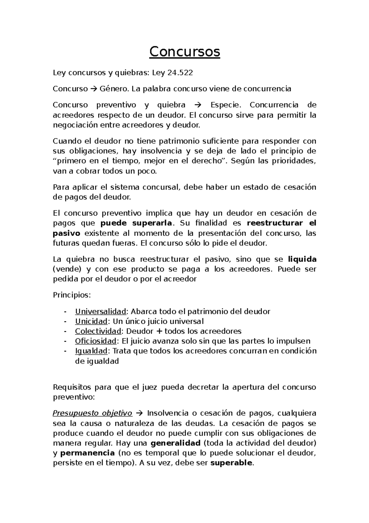 Concursos - Resumen - Concursos Ley Concursos Y Quiebras: Ley 24 ...