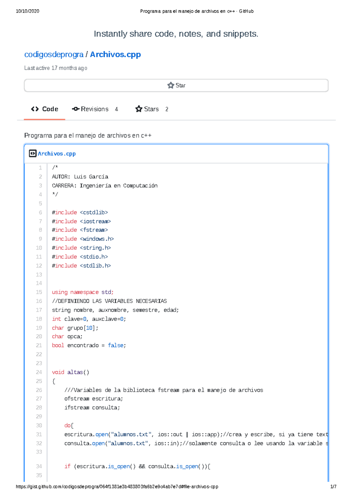Programa para el manejo de archivos en c++ · Git Hub - Instantly share ...