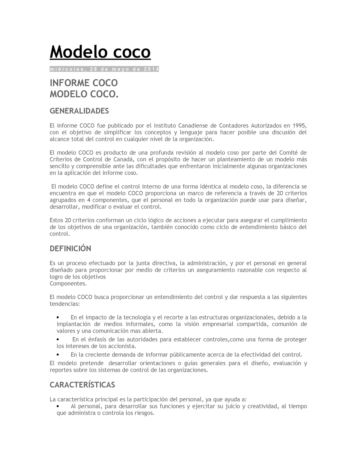 Modelo COCO Informe - Modelo coco m i é r c o l e s , 2 8 d e m a y o d e 2  0 1 4 INFORME COCO - Studocu