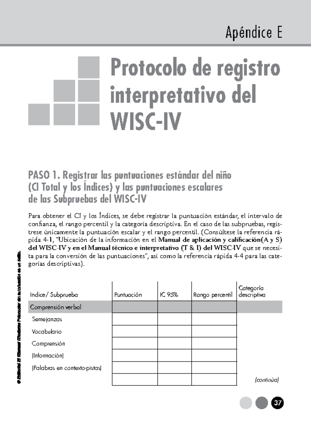 WISC IV E apendice interpretacion y aplicación 37 Protocolo de