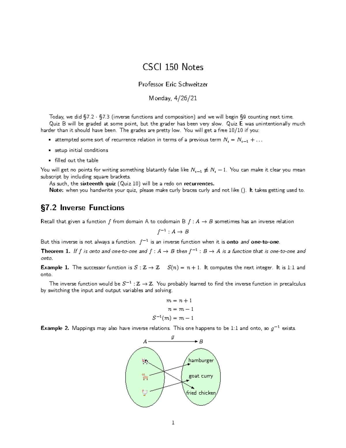 CSCI 150 Notes 4 26 - CSCI 150 Notes Professor Eric Schweitzer Monday ...