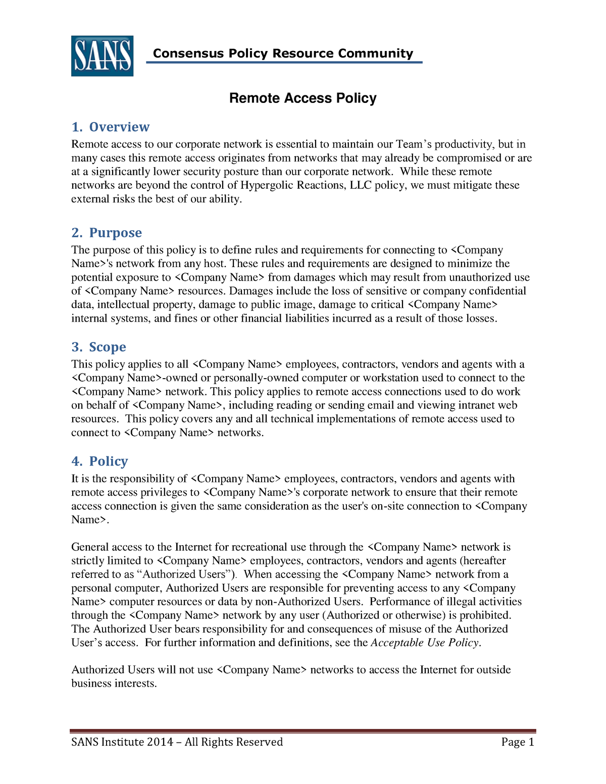 Remote access policy - SANS Institute 2014 – All Rights Reserved Page 1 ...