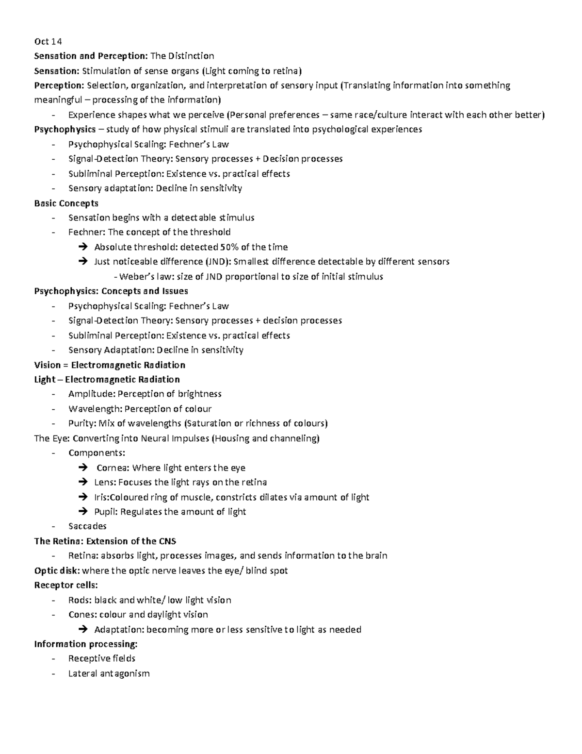 Chapter 4 Notes - Oct 14 Sensation and Perception: The Distinction ...