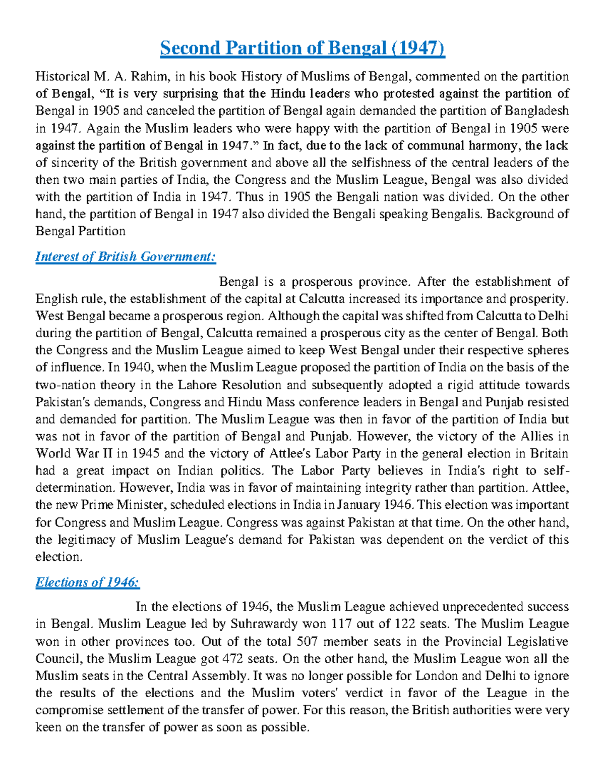 Second Partition of Bengal 1947 Background, Boundaries and Results