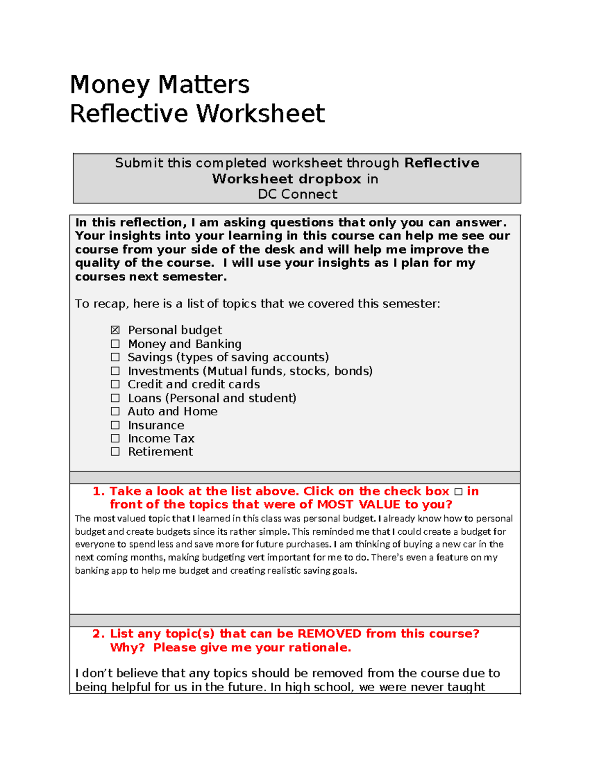 Reflective Worksheet - Money Matters Reflective Worksheet Submit this ...