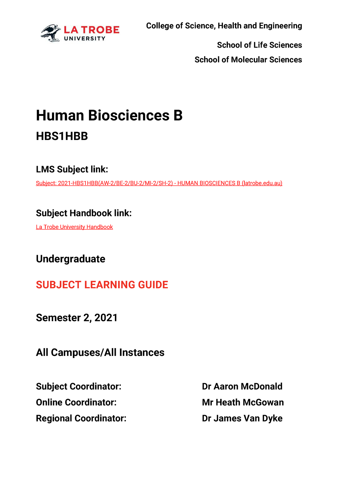 HBS1HBB Subject Learning Guide Sem 2 2021 - College Of Science, Health ...