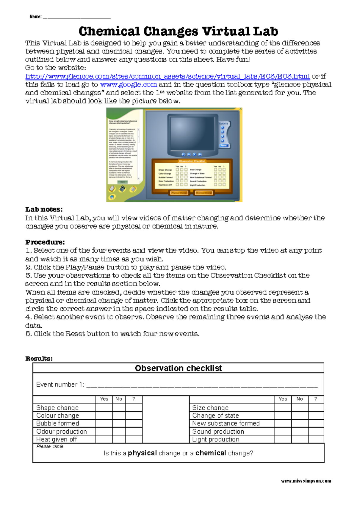 Physical 26 chemical change webquest misssimpson Chemical Changes