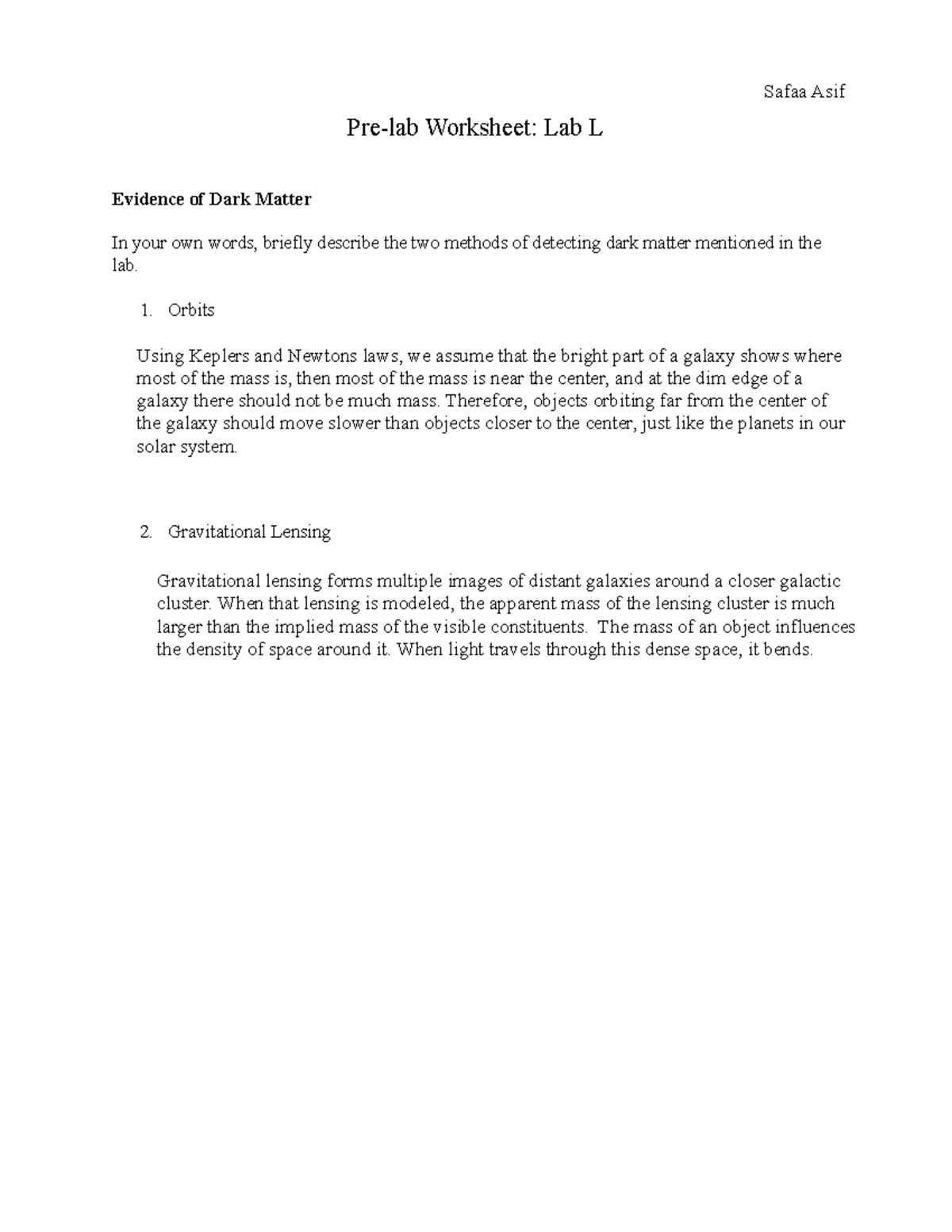 Pre Lab Worksheet Lab L - AST 1001 - Pre-lab Worksheet: Lab L Evidence ...
