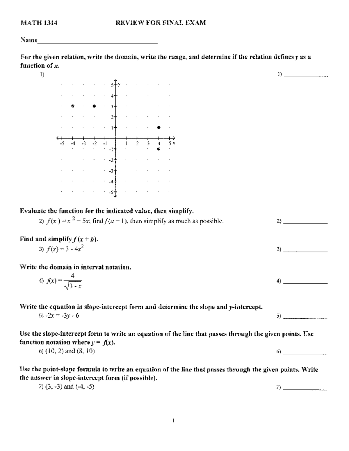 Math1314 Additional Review For Final - MATH 1314 REVIEW FOR FINAL EXAM ...